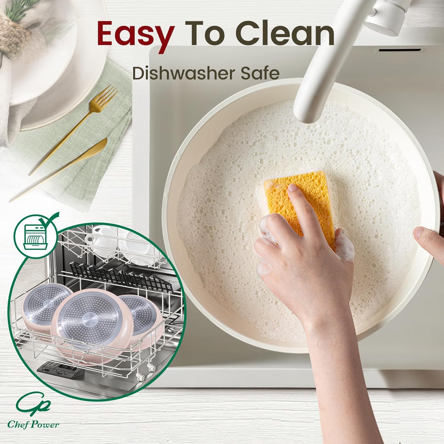 Chef Power Ceramic Nonstick Pots and Pans Set 19 Piece with Detachable Handle, Induction Dishwasher Oven Safe Cookware Set, RV Kitchen Set Removable Handle (Light Pink)