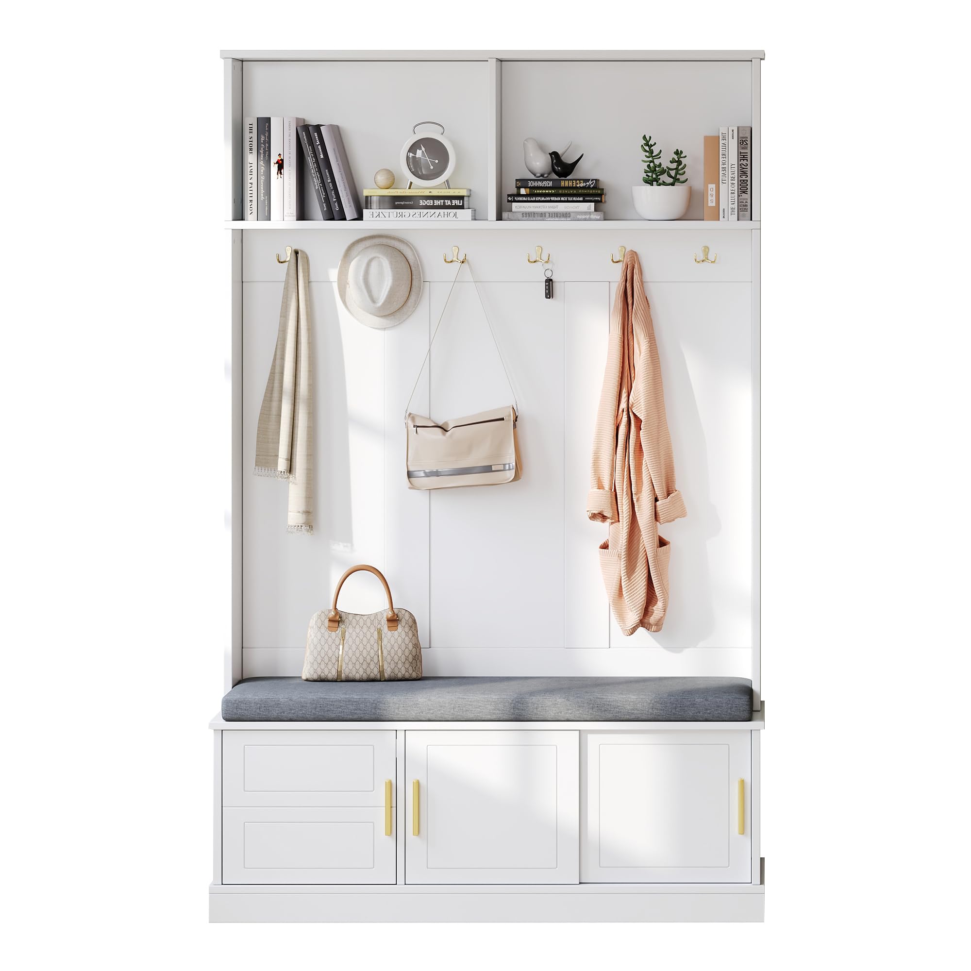 Vestiaire D'EntréE avec Banc Et Rangement à Chaussures, Meuble D'EntréE avec 6 Crochets Triples, Porte-Manteau Multifonctionnel en Bois avec Tabouret Rembourré pour L'EntréE Ou Le Couloir
