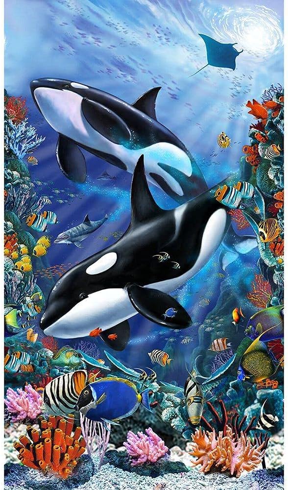 Studio E Fabrics Reef Life Whales and Ocean Fish Panel Cobalt, Blue