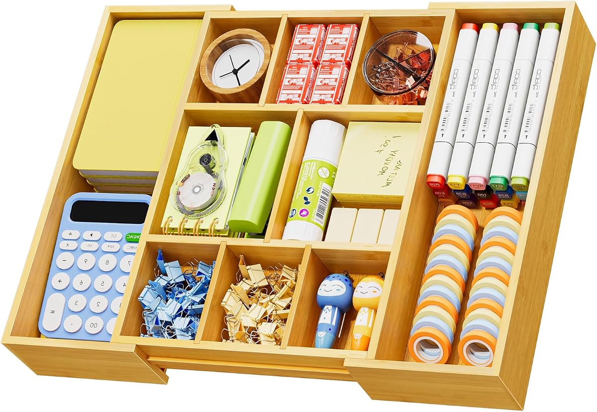 Organizador de cajones expandible de bambú, bandeja organizadora de cajones de escritorio con 5 divisores, organizadores de escritorio y accesorios, 10 compartimentos ajustables para suministros de oficina, basura, maquillaje y tocador