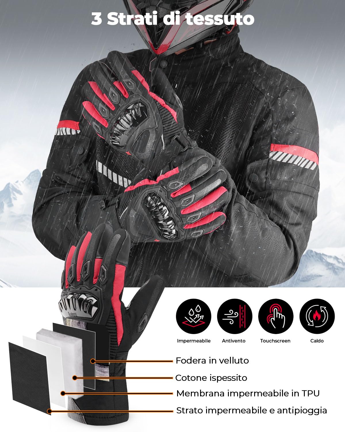 KEMIMOTO Guanti Moto Invernali, Guanti da Moto Invernali Uomo Donna con Touch Screen, Guanti Moto Impermeabile Protezione Leggero e Caldo per Motociclismo, Ciclismo