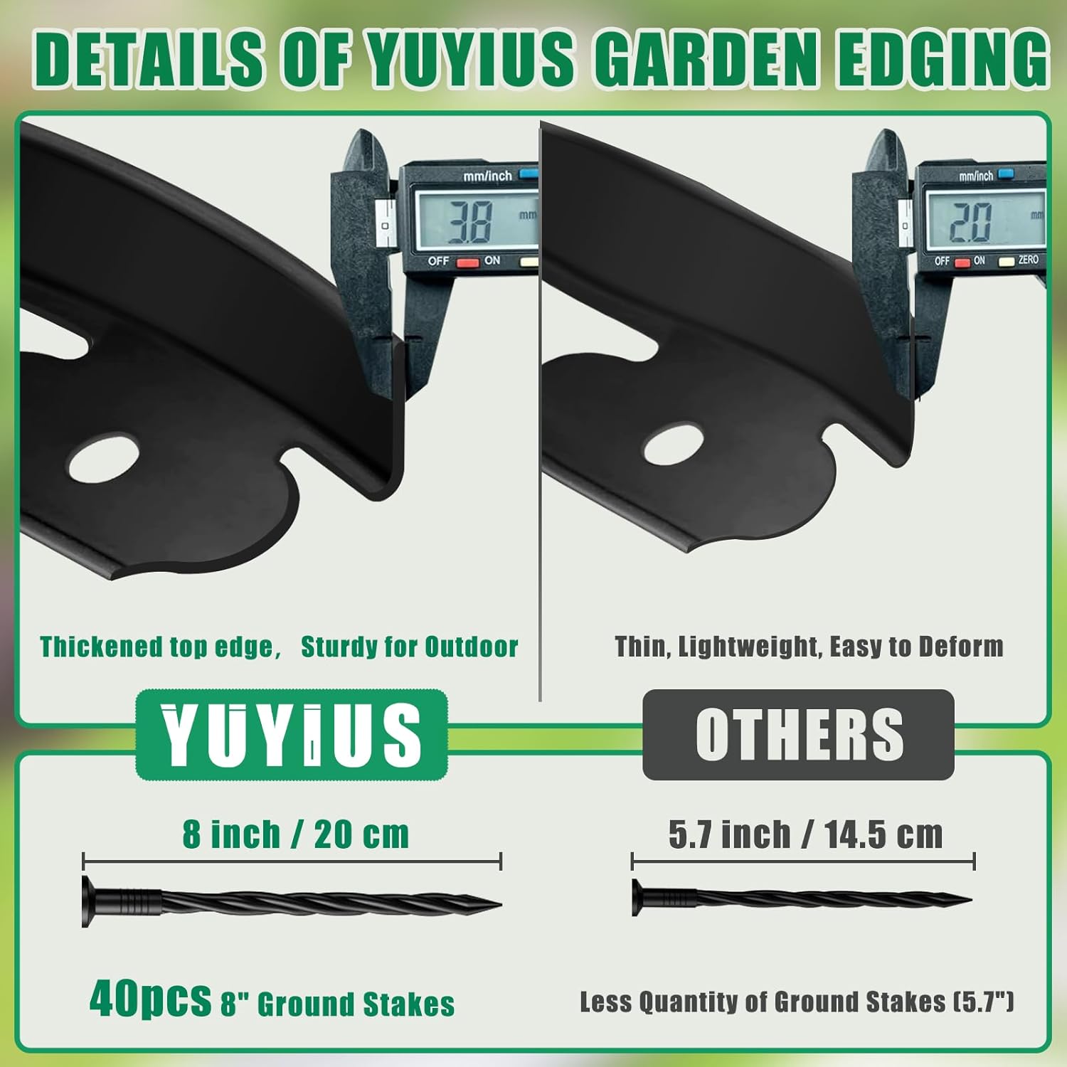 Landscape Edging - Garden Edging Border 40FT 2IN Tall with 40 Stakes, No Dig Lawn Edging for Landscaping for Garden Bed, Yard, Thickened Top Edge (0.15”) Flower Bed Border Edging for Outdoor