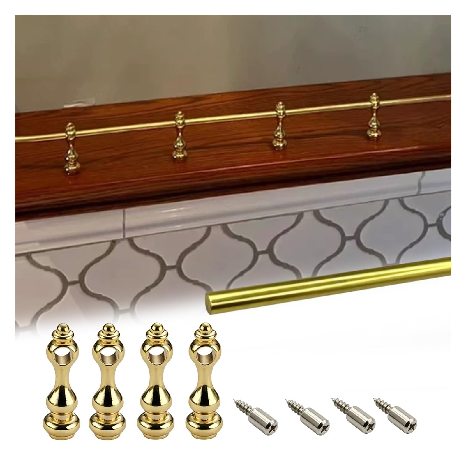 Shelf Decor Guardrail Set 20-158 cm, Dressing Tables Bedroom Flexible Anti-Fall Railing for Kitchen & Wine Rack Organizer，Custom Aluminum Cabinet Fence with Spindles(Gold,L 62.2"/158cm)