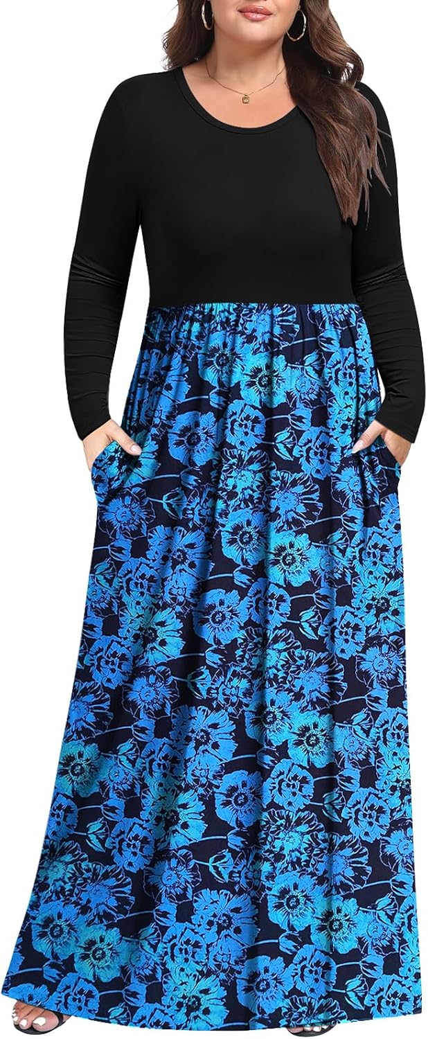 Womens Plus Size Maxi Dress Casual Long Sleeve Long Dresses with Pockets