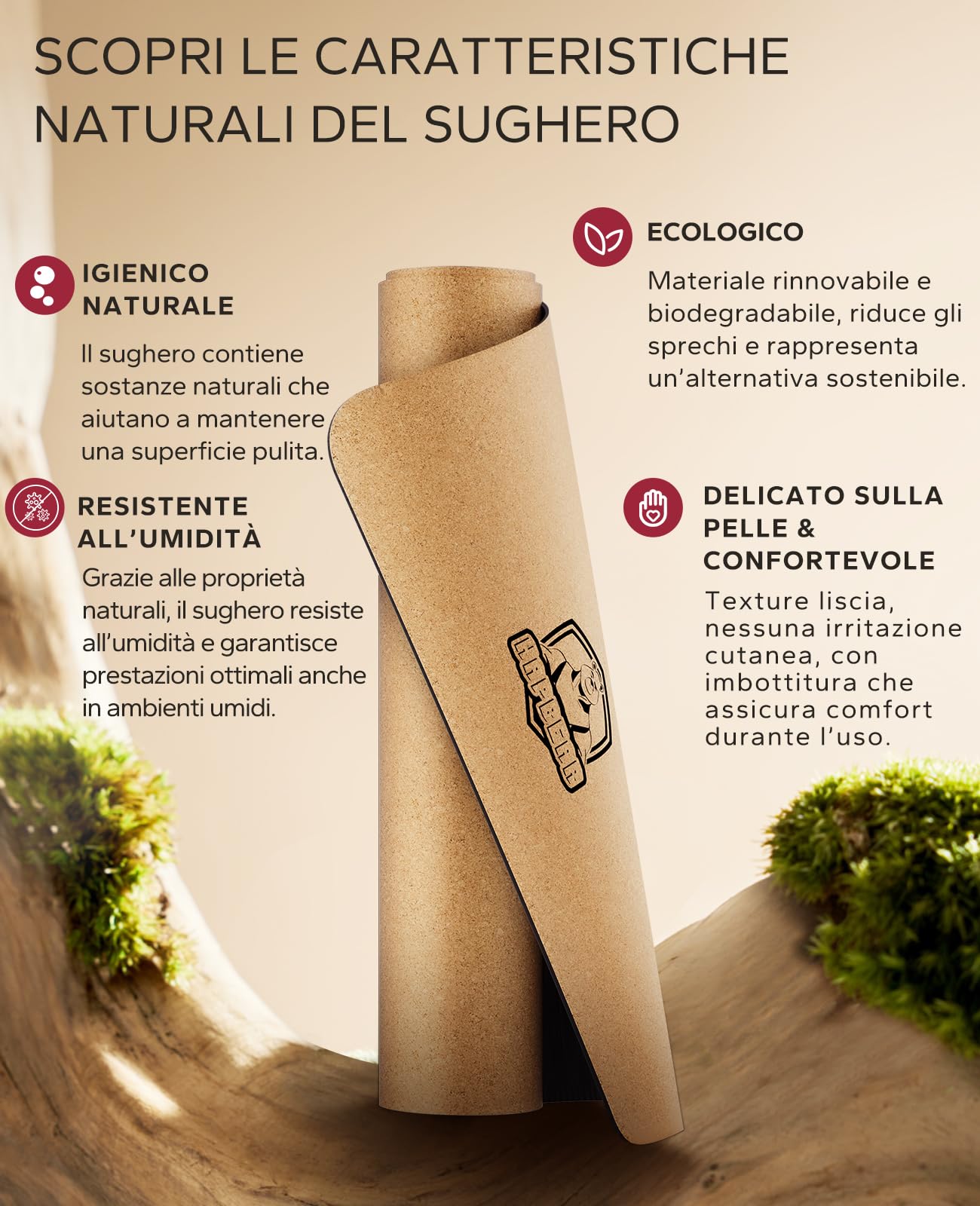 HAPBEAR Tappetino da Yoga in Sughero/Gomma/PU Antiscivolo - 183 x 76/92/116 cm - 100% Naturale e Resistente Tappetino da Ginnastica per Yoga e Pilates - Bande di resistenza e custodia di trasporto