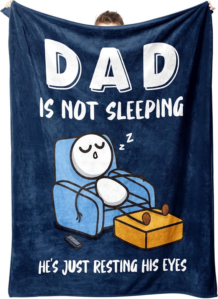 Funny Birthday Gift for Dad Husband, Dad is Not Sleeping Blanket, Fathers Day Dads Gifts from Daughter Son, Super Soft Throws Blanket for Couch and Napping, 60" x 50" (Blue)