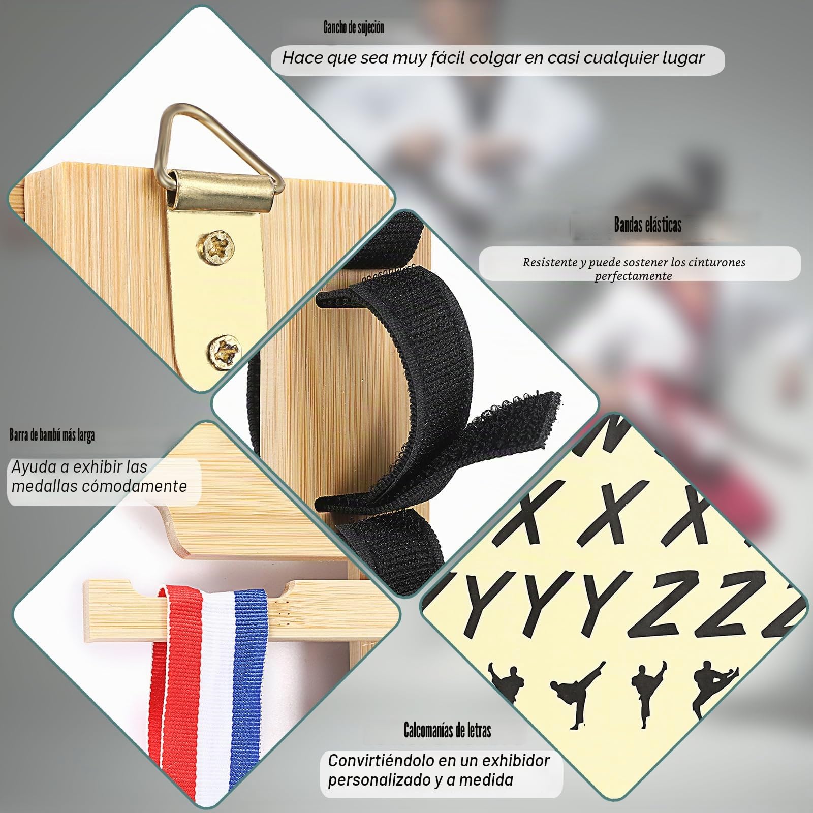 Soporte de Bambú para Cinturones de Artes Marciales, Organizador de Pared para Karate Taekwondo