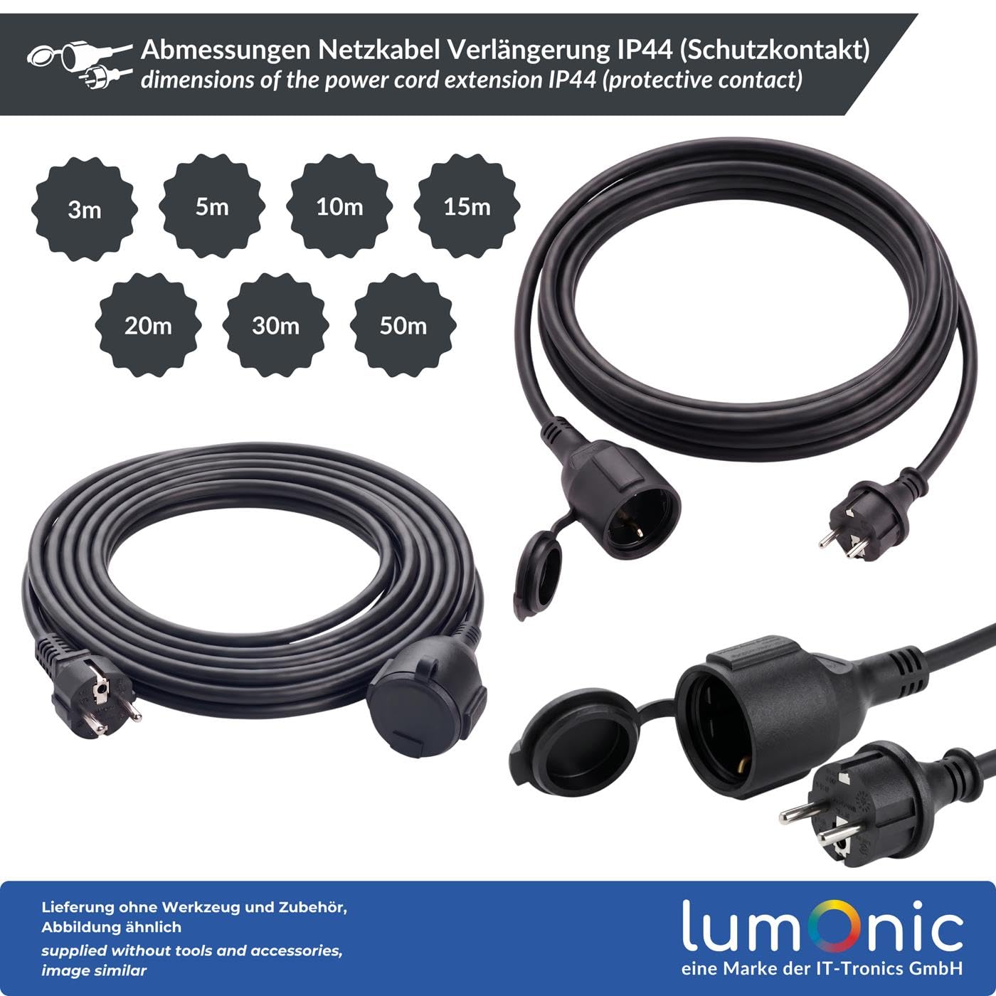 Lumonic Cable alargador Schuko IP44 de goma, negro, 50 m, 230 V - Revestimiento flexible de goma, para jardín y taller, protegido contra salpicaduras según la norma IP44, toma con tapa protectora y se