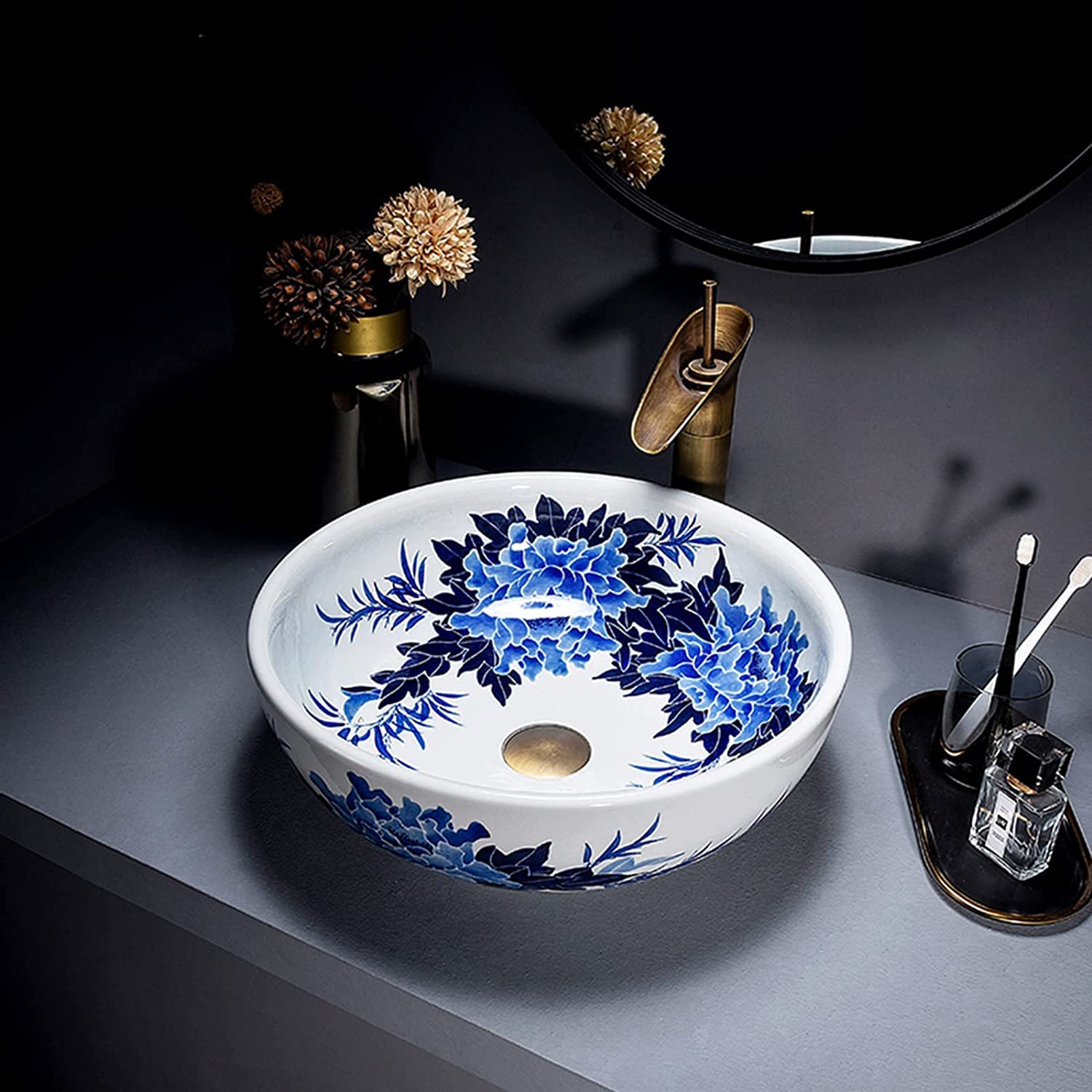Lavabo en porcelaine bleue et blanche pour meuble de salle de bain rétro 42cm