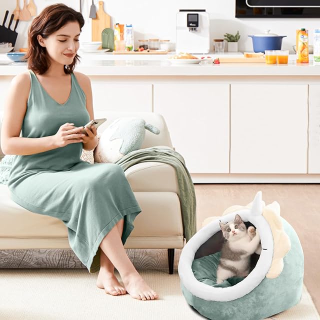 Foto 2 de 6 de PETCUTE Cama de Cueva para Gatos de Interior Con Cojín Extraíble, Acogedora y Cálida