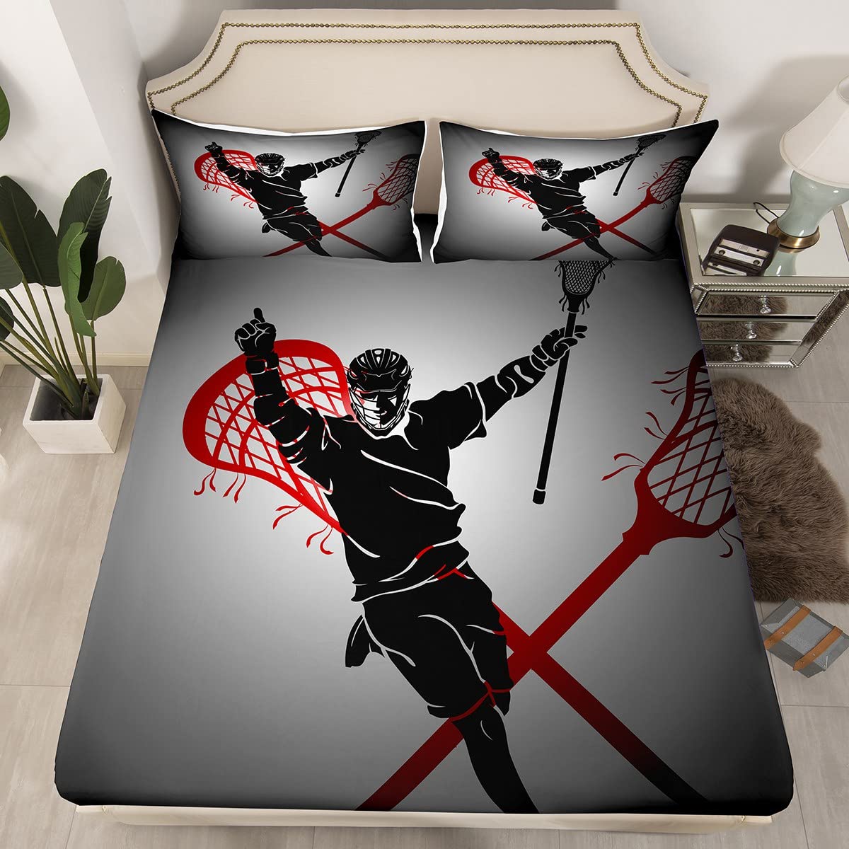 Erosebridal Lacrosse Player Bed Sheets for Kids Boys Girls,Grey Black Lacrosse Fitted Sheet Gift for Men,Sports Themed Bedding Set Twin,Sports Ball Game Bed Cover Soft + 1 Pillowcase