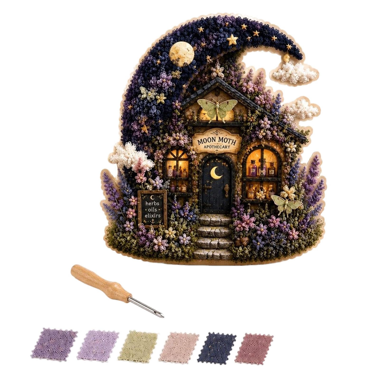 Whimsical Village 3D Fabric Poke Art Kit, Floral Mushroom Cottage Creative Craft Set, No Sew Press Technique, Simple Illustrated Guide, Home Decor Craft for Adult Beginner Handmade Hobby Gift