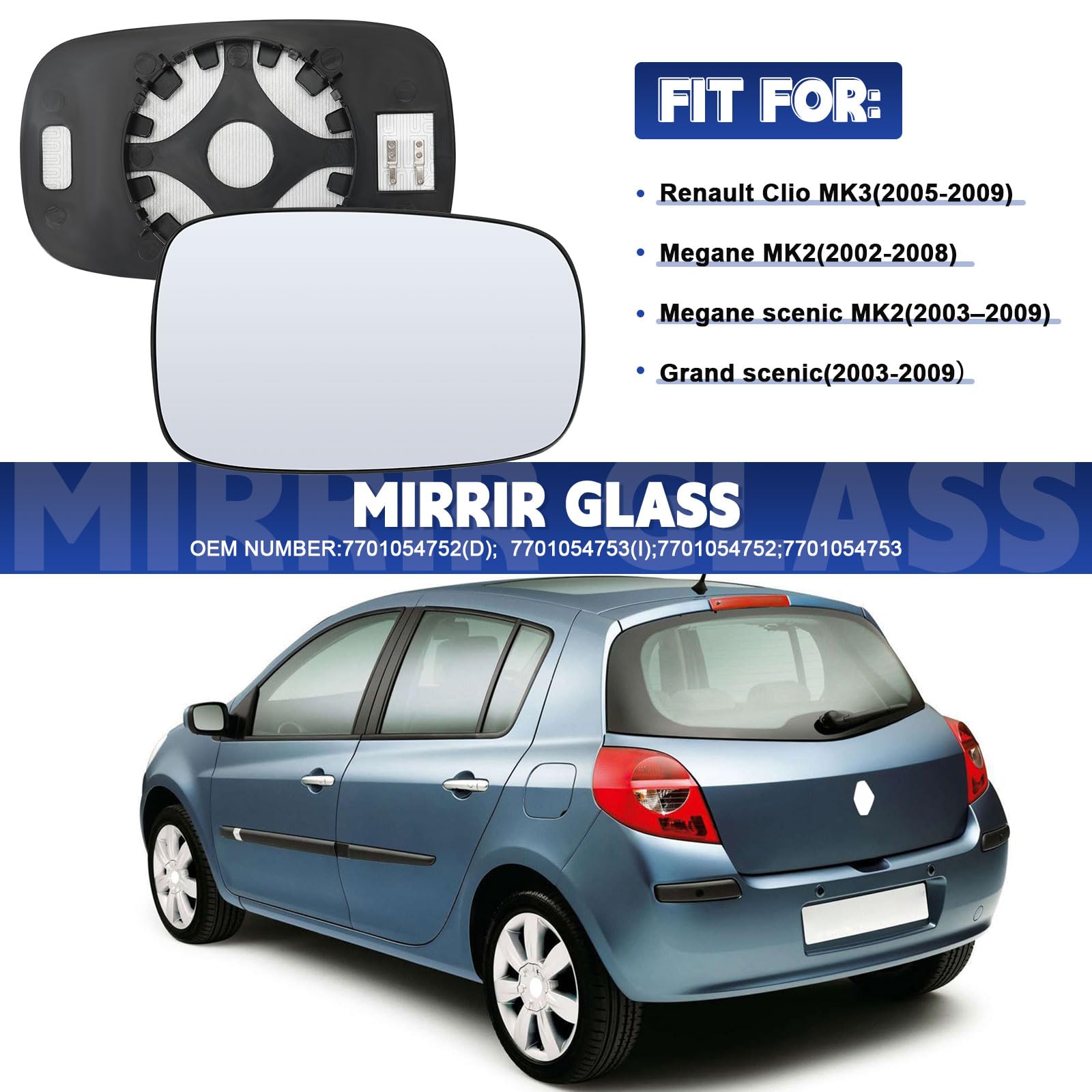 VERRE RETROVISEUR MIROIR GAUCHE POUR RENAULT CLIO III MEGANE II GRAND  SCENIC II