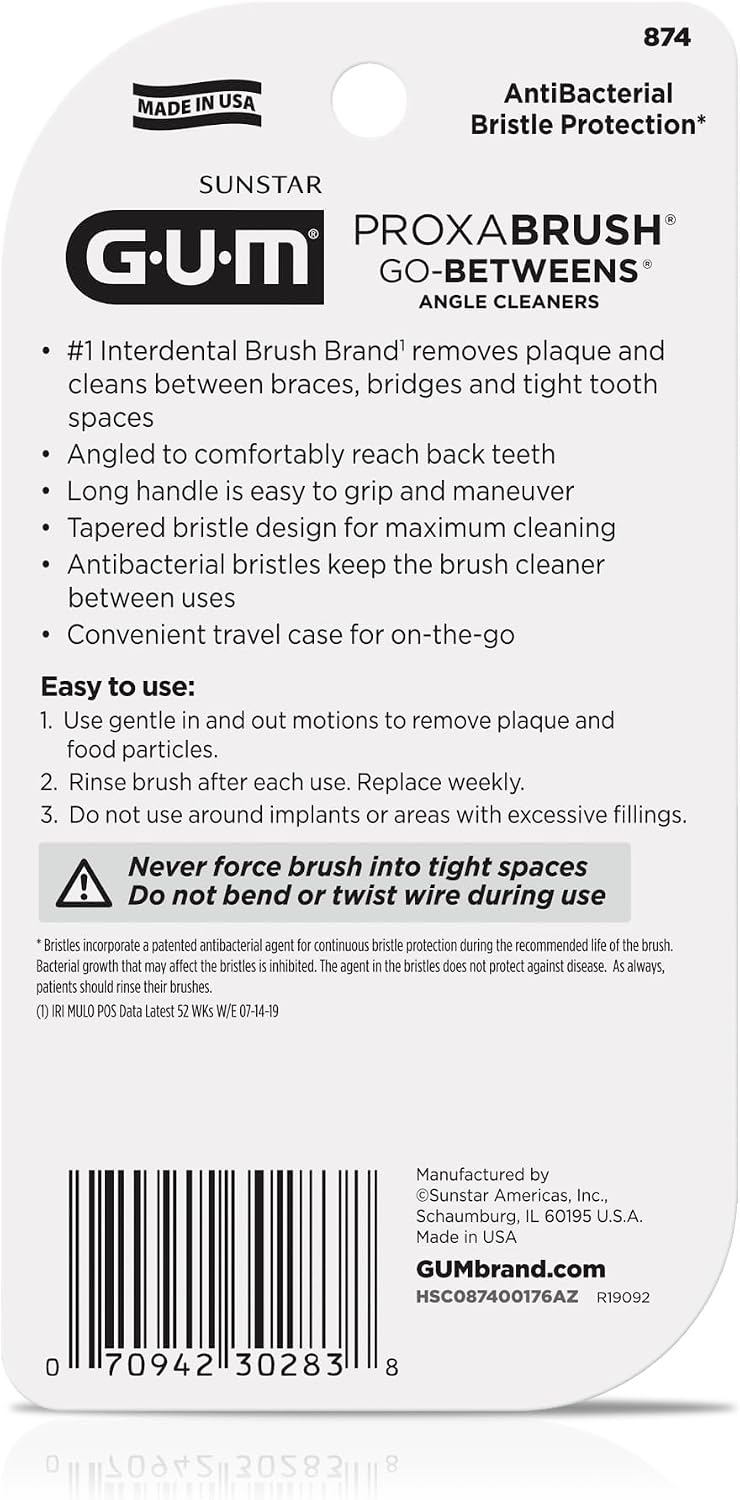 GUM Proxabrush Go-Betweens - Angled- Interdental Brushes - Soft Bristled Dental Picks for Plaque Removal Health - Safe for Braces & Dental Devices, 4 Count (Pack of 4)
