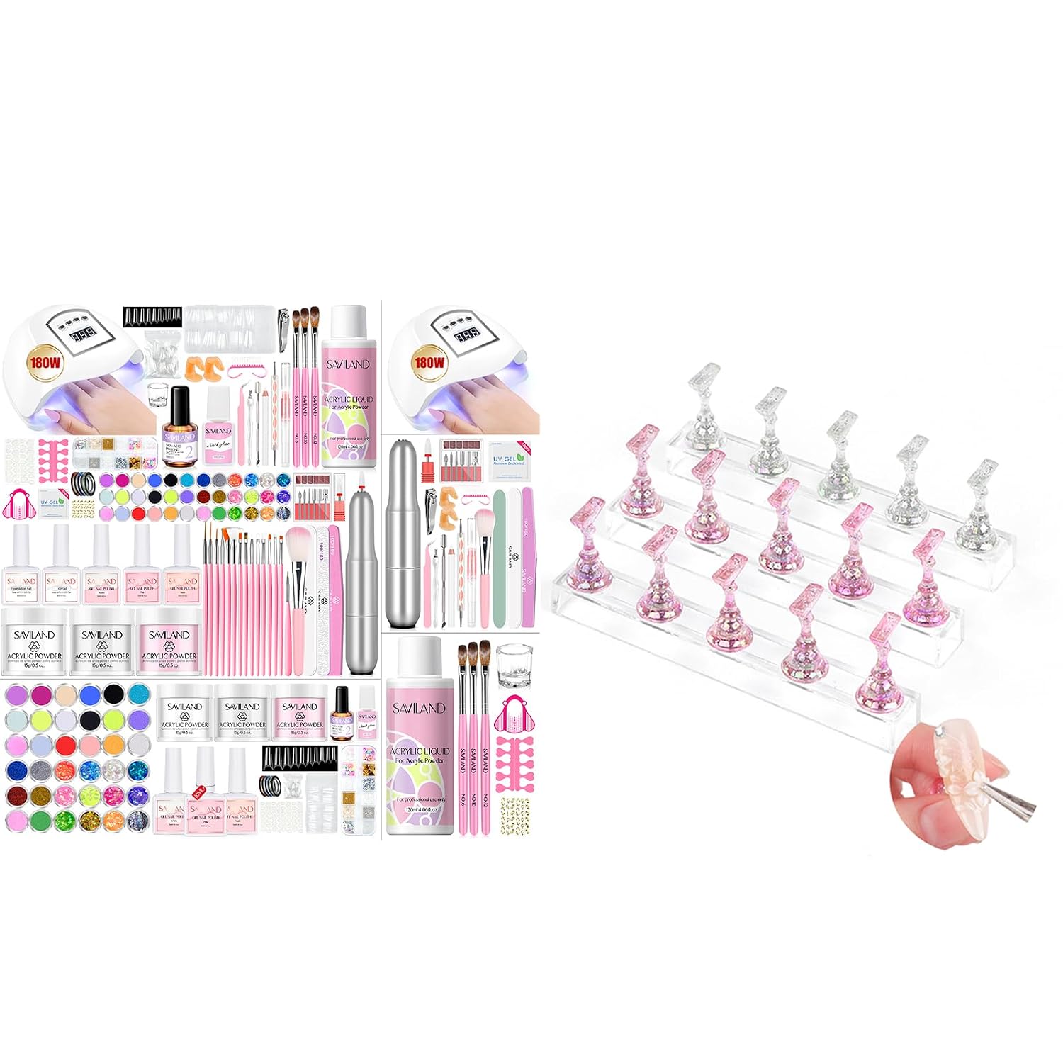 Saviland Acrylic Nail Kit for Beginners: Keratin Acrylic Powder Castor Oil Vitamin SAVILAND 3 Set Essentials Nail Stand for Press Ons :Powerful Magnetic Nail Holder for Painting Nails Stand Fake Nail