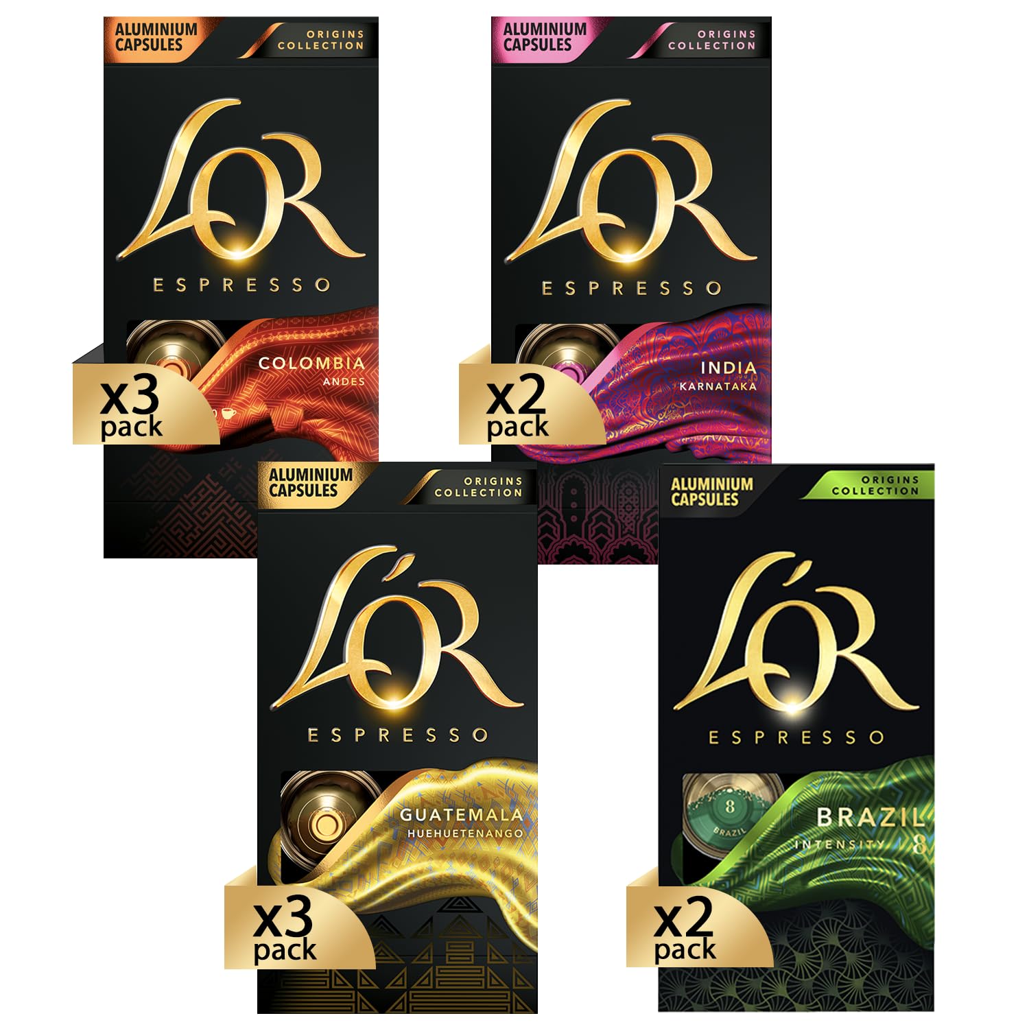 L'OR - Espresso - Kolekcja Origines - 100 kapsułek kawy kompatybilnych z Nespresso* - Zestaw 5 odmian - Intensywność 7 do 10 - Zestaw 10 x 10