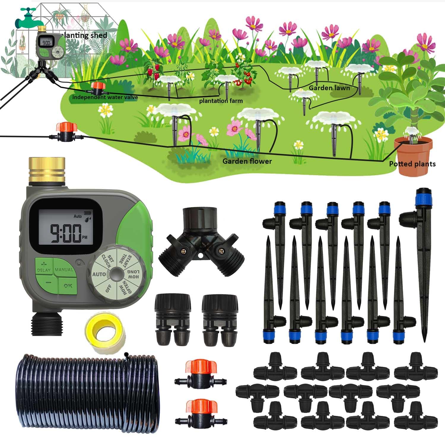 Tropfbewässerungs-Set mit Garten-Timer, Pflanzenbewässerungssystem mit Schlauch-Spüldüsen und Wasser-Timer, Schnellverbinder-Kits, einfach zu montieren, 1,8 m