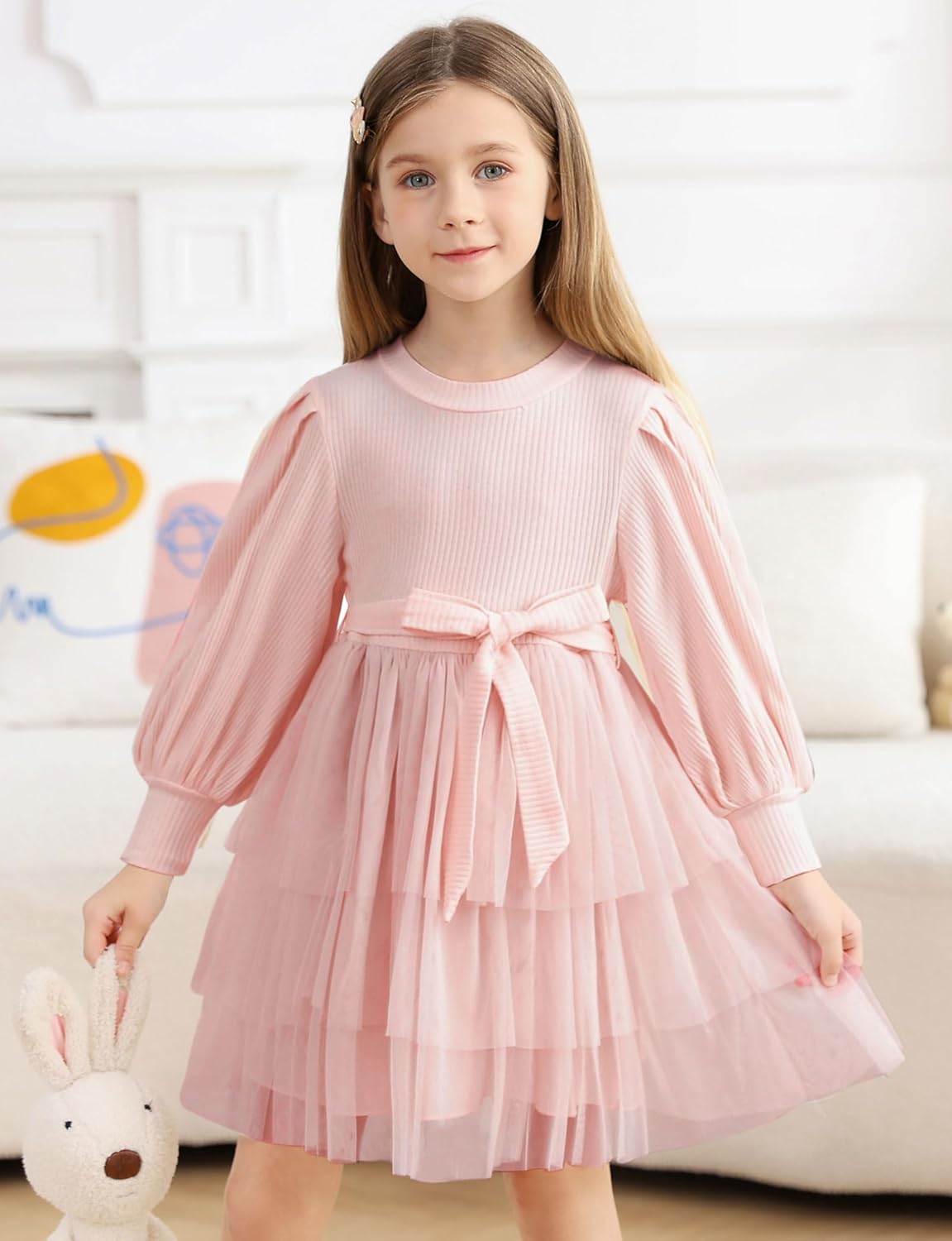 Toddler Girl Tulle Dress Puff Long Sleeves Tutu Dresses with Tie Belt for Princess Brithday Party 1-6T - Image 3