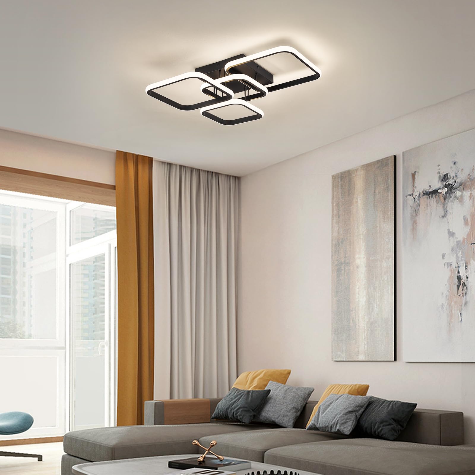 Moderne LED Deckenleuchte, 60W 57CM Wohnzimmerlampe Schwarze Deckenlampe | 4000k LED Lampe für Wohnzimmer Schlafzimmer Esszimmer Flur Küche