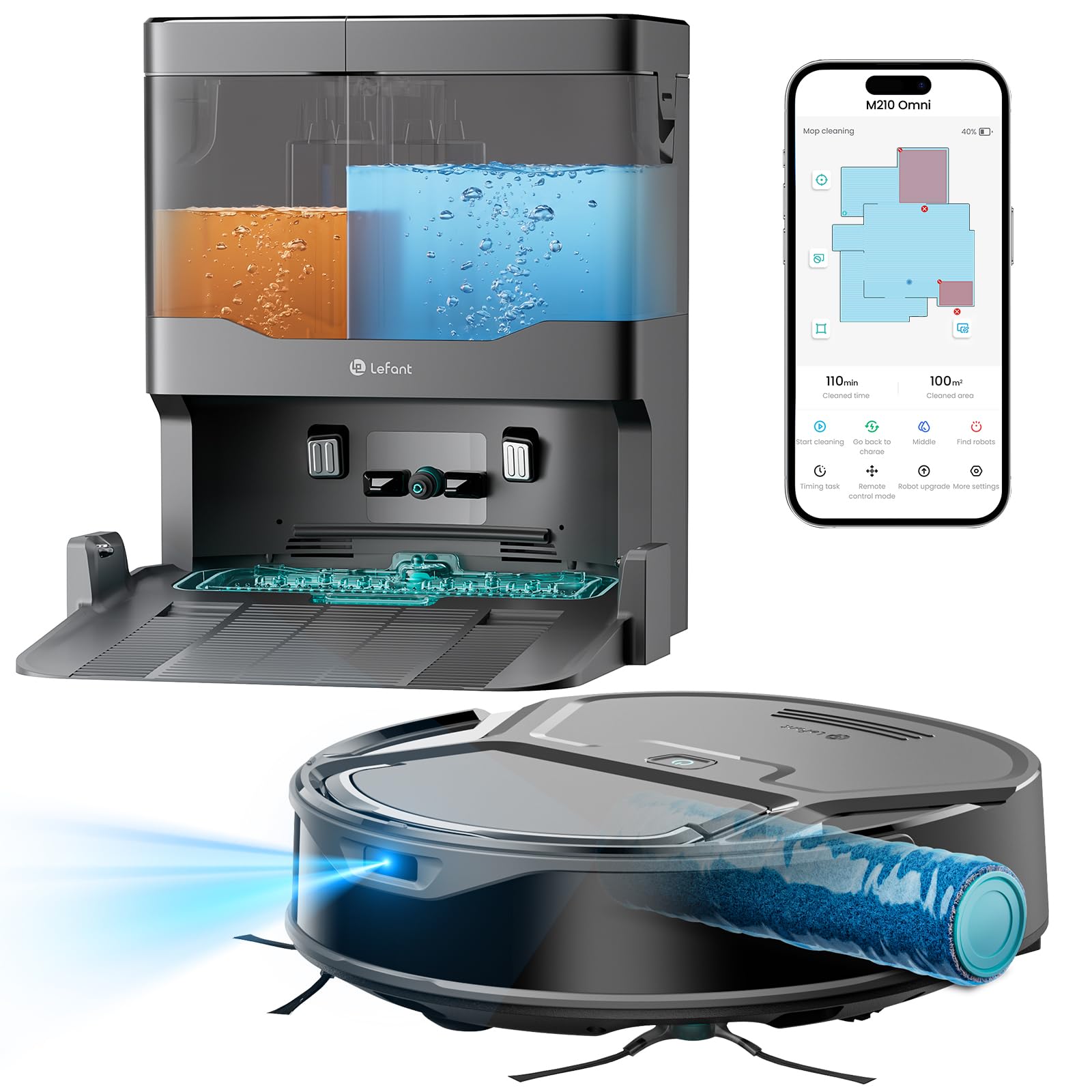 Lefant M210 Omni Robot Aspirapolvere Lavapavimenti con Rullo 20000Pa Anti Groviglio, Aspirapolvere Robot con Lavaggio ad Acqua Pulita, Contenitore 800ml, Ultra Sottile 85mm per Peli Animali, Grigio