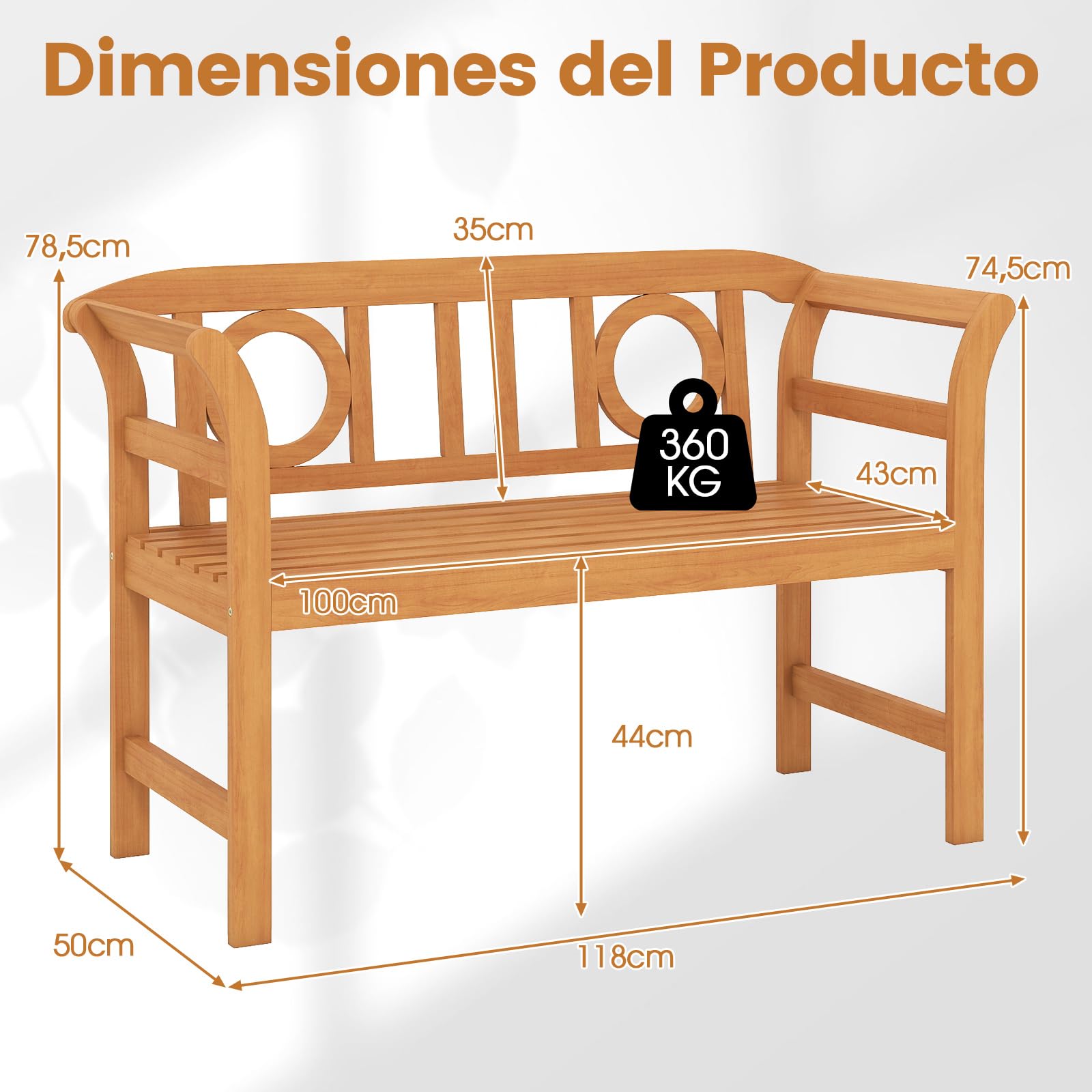 COSTWAY Banco Jardín de Madera Acacia, 2 Plazas, Banco Exterior con Respaldo y Reposabrazos, Patio Porche Terraza Parque, 118 x 50 x 78,5 cm, 360kg (Estilo 3)
