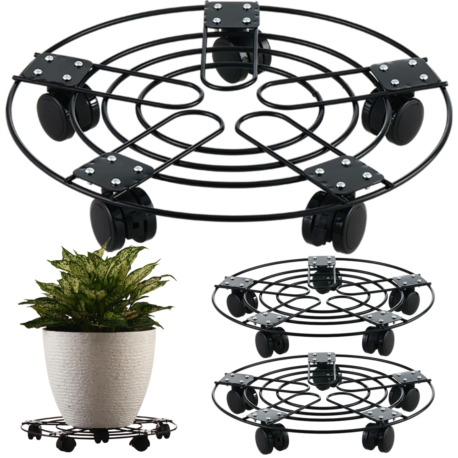 3 Packs Extra-large Metal Plant Caddy with Wheels 17.5" Wrought Iron Metal Rolling Plant Stands Heavy-duty Plant Roller Pot Movers Indoor and Outdoor Plant Dolly with Casters with 6 Wheels