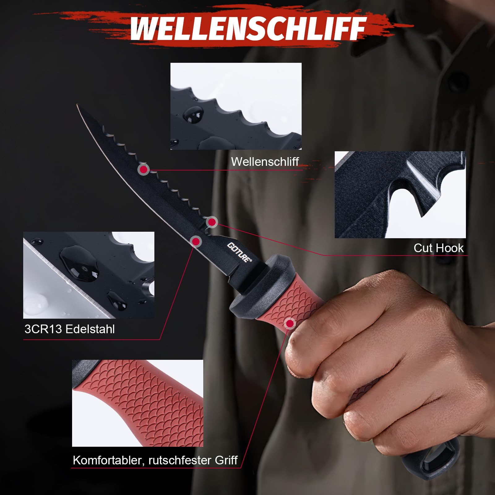 Goture Fischmesser set, Angelmesser set, Filetiermesser Fisch, Filetier-Angelset, Angelmesser mit Scheide, Schärfer, Messerset, Angelausrüstung, Angelgeschenke für Männer