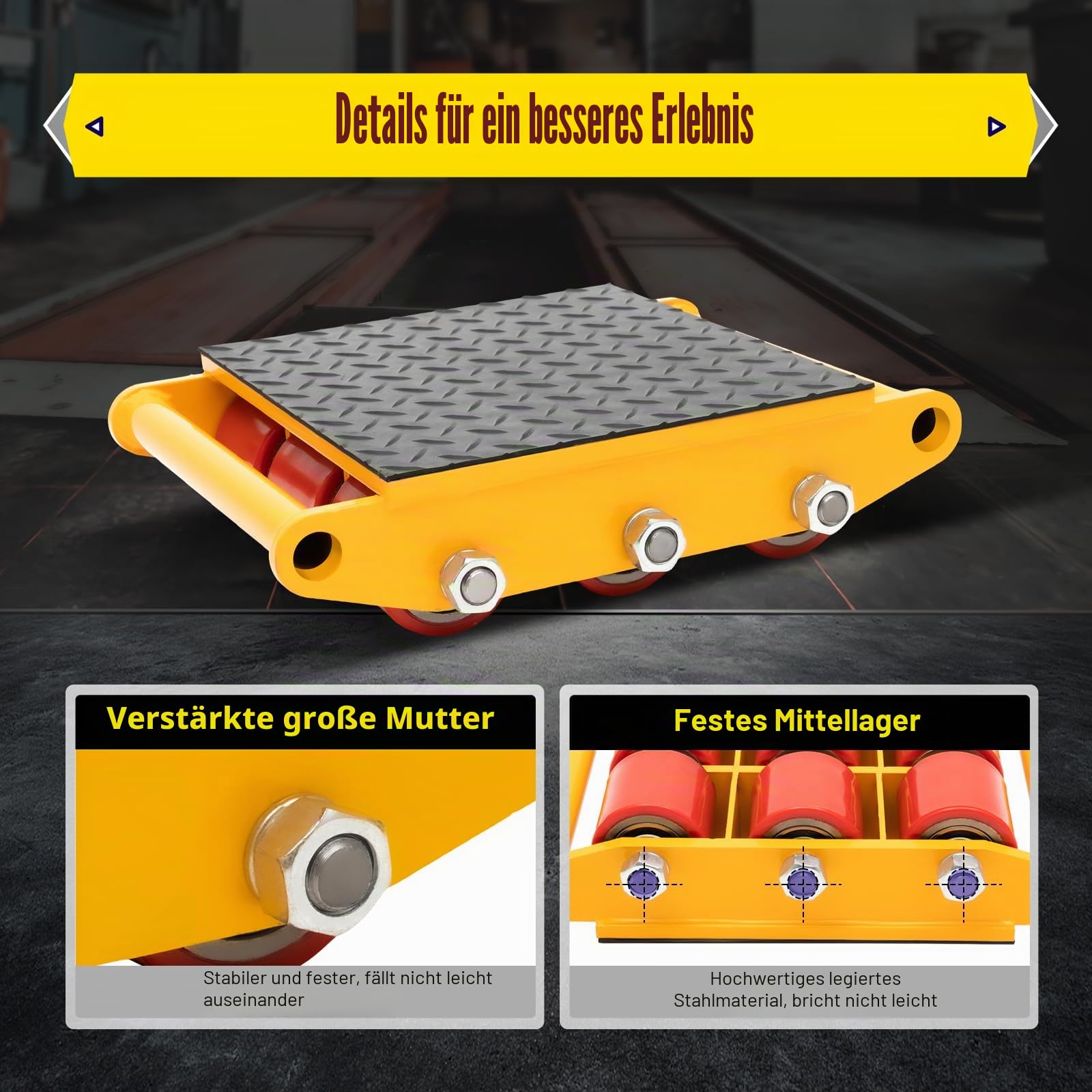 Transportfahrwerk 15T Schwerlastfahrwerk Industrieroller Maschinentransport Schwerlastrollen Roller Panzerrolle mit 9 PU Richtungsräder Roller Möbeltransporthilfe 15T Gelb
