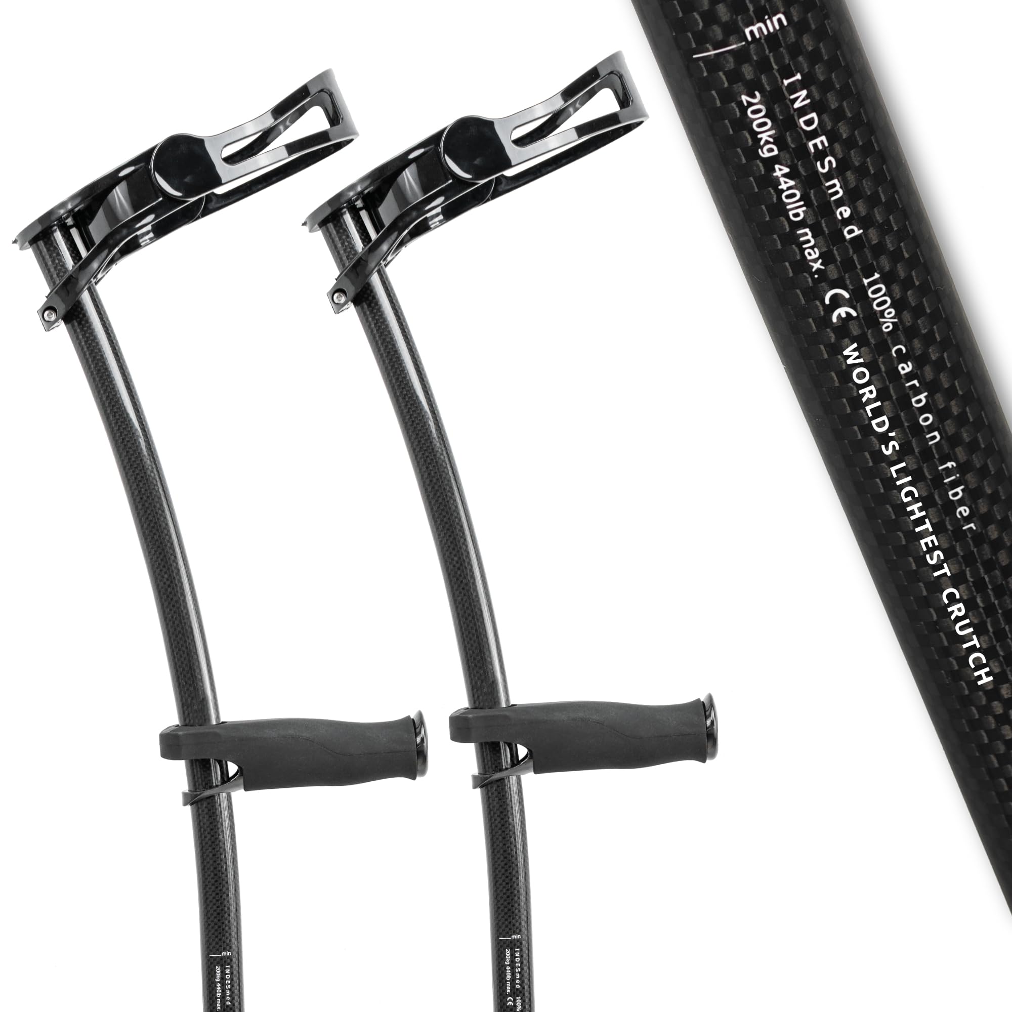 INDESmed 100% Carbon Fiber Forearm Crutches, The World's Lightest Crutch (1 Pair/2 Units) Precisely Adjustable Handle, Ergonomic Design Prevents Tendonitis and Hand Pain, Black, L (5.75-6.1ft)