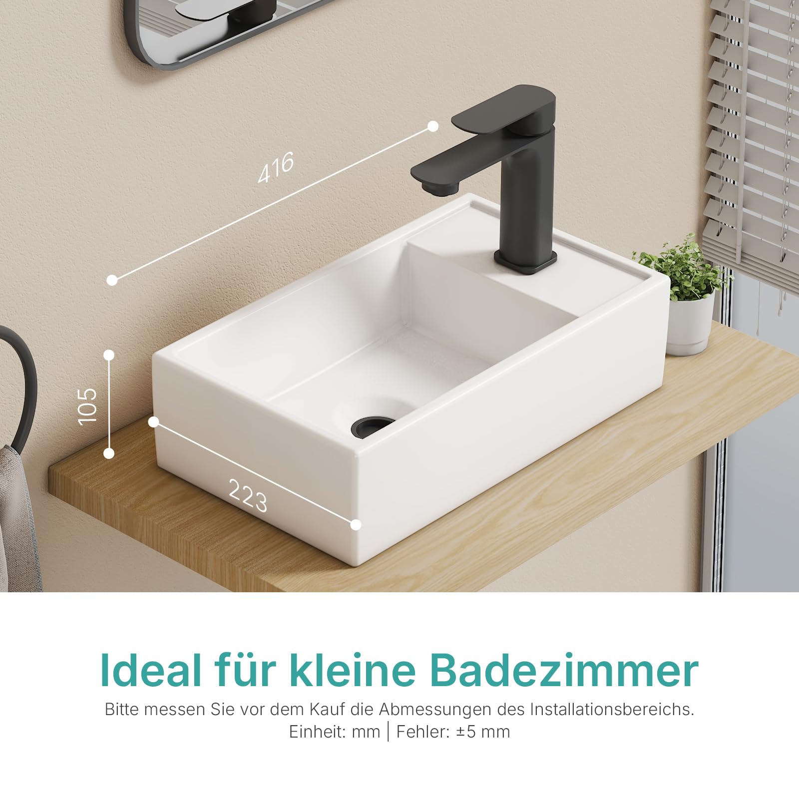 EMKE Piccolo lavandino rettangolare 41,0 x 22,0 x 10,0 cm, in ceramica, con foro per rubinetto, senza troppopieno, piccolo da appoggiare e da parete, ideale per bagno e WC degli ospiti, bianco