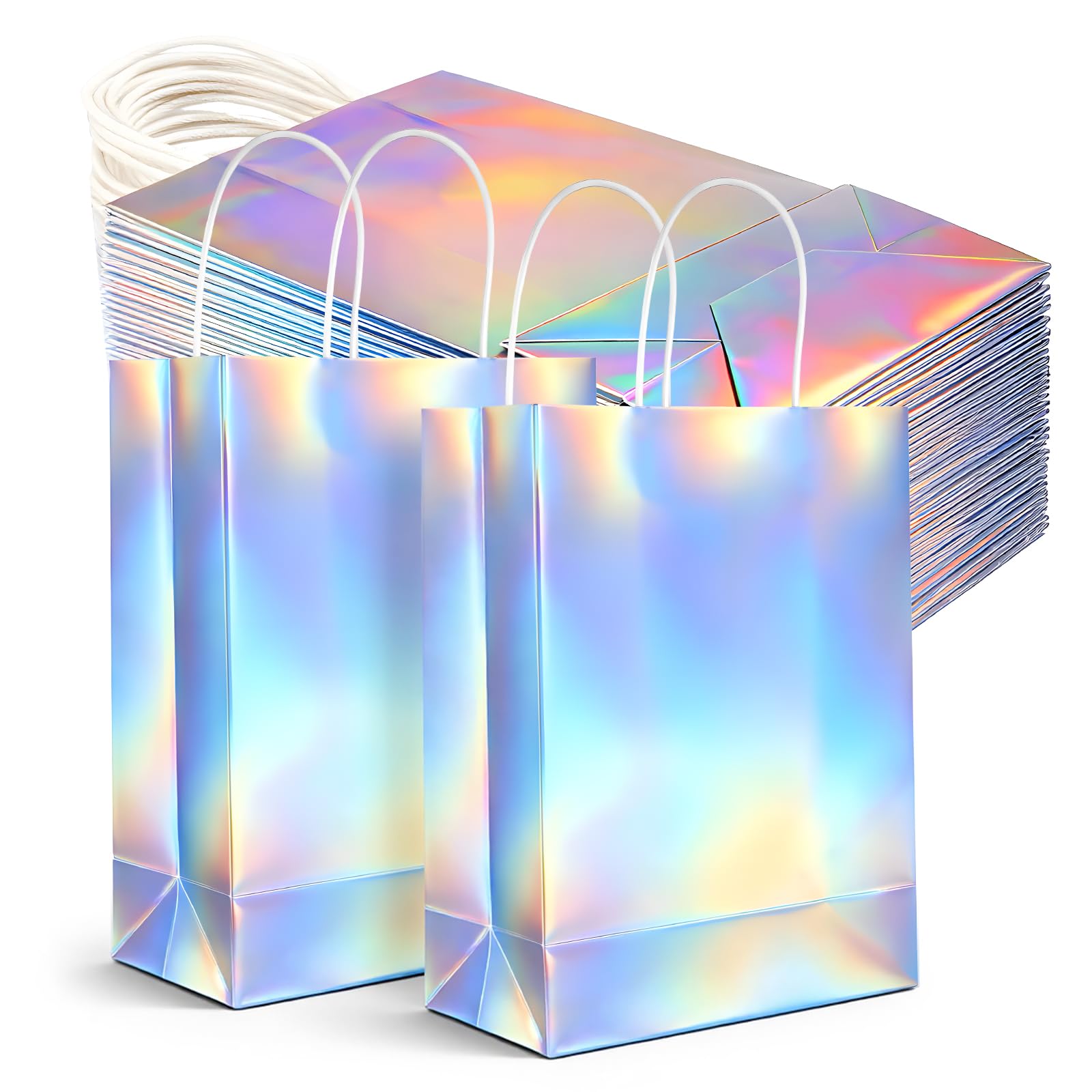 IMengjbang 40 Pcs Iridescent Gift Bags with Handle, 8.3 x 5.9 x 3.1 Inch Holographic Glossy Paper Goodie Bags Reusable Glitter Party Favor Tote for Birthday Wedding Bachelorette Party Boutique