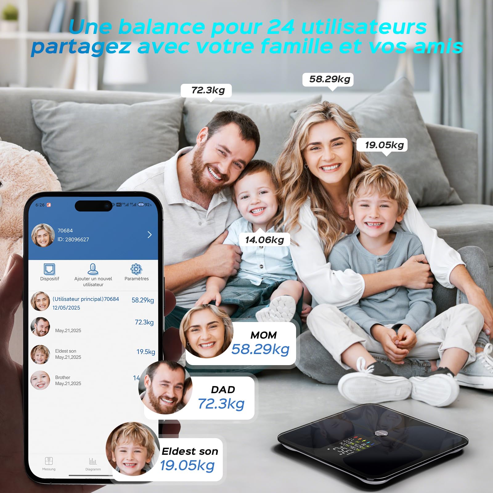 Balance Connectée avec APP, Impédancemètre Intelligente 22 Données Corporelles, Analyse Masse Graisseuse et Musculaire, IMC