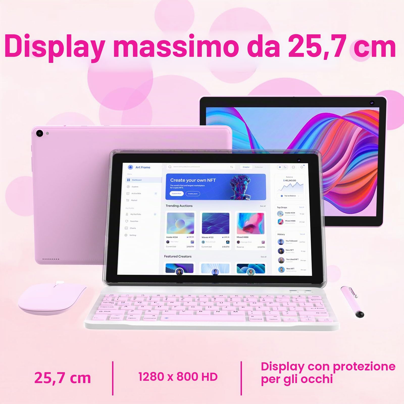 Tablet Android 15 da 10 pollici, tablet 2 in 1 con custodia per tastiera e pennino per mouse, 6 GB di RAM, 32 GB di ROM, 1 TB espandibile, processore Quad Core, WiFi, BT, schermo HD 1280 x 800, 6000