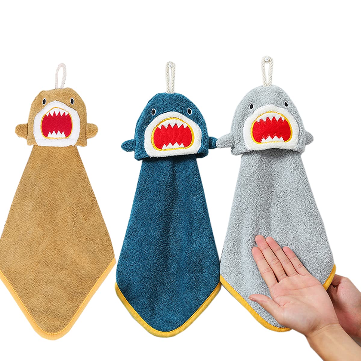 FOMAISELF 3Pcs Cartoon Shark Hand Towels with Hanging Loop, Soft Absorbent Kids Adults Towel, Cute Bathroom Kitchen Hand Towel Yellow Blue Grey