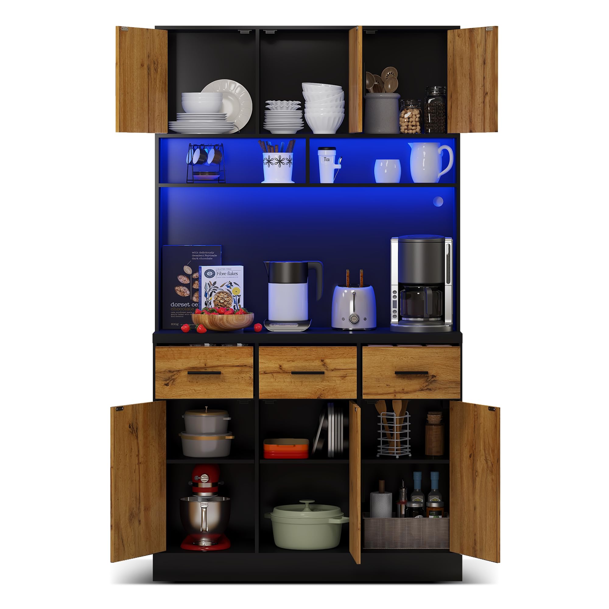 Buffet multifonction 100 x 40 x 180 cm avec éclairage LED, télécommande, prise et ports USB, étagères et tiroirs réglables, idéal pour les cuisines et les salles à manger, noir + naturel A