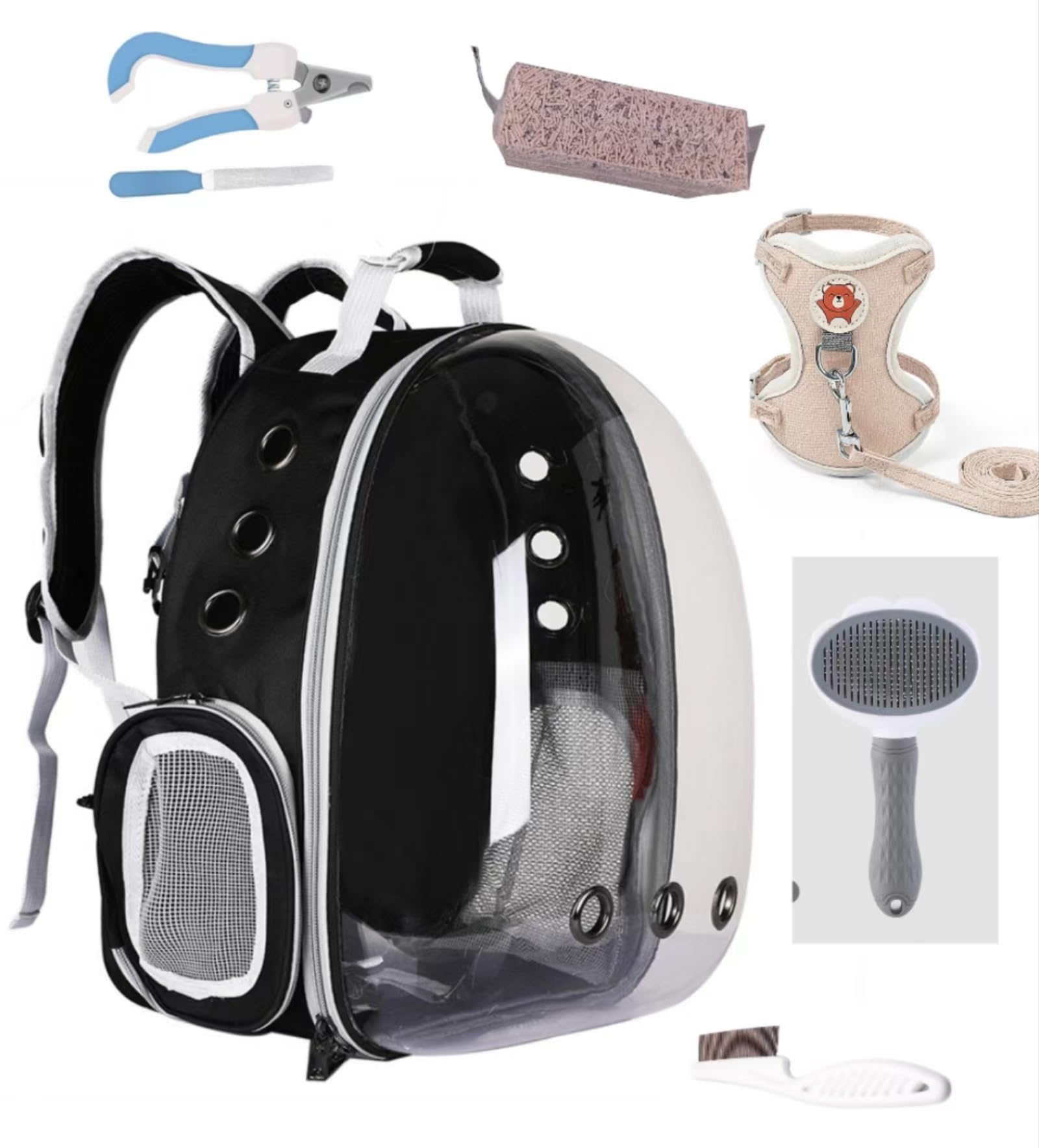 Mochila Negra Outdoor Para Mascotas. Incluye: 1L Arena Gatos, Cepillo,1.5M Correa, Peine, Cortaúñas