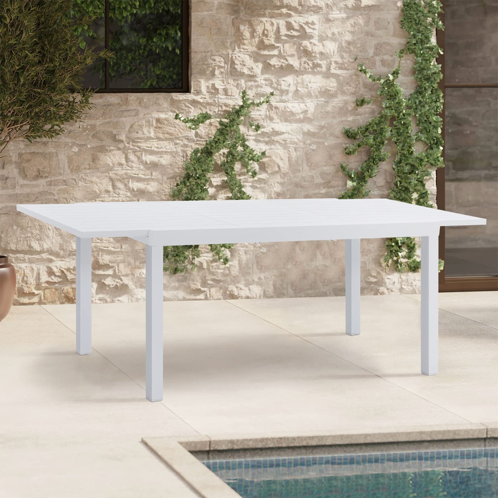 Soleil Jardin Aluminum Patio Extendable Dining Table, 59" - 83", Adjustable Indoor Outdoor Furniture Rectangle Table for 6-8 Person Porch Deck Garden, White