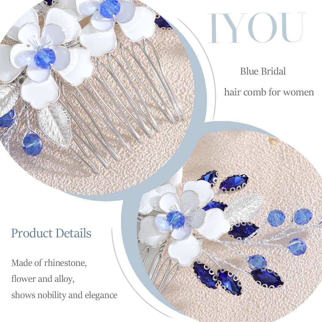 IYOU Flor Boda Peine Azul Cristal Nupcial Accesorios para el Cabello Barroco Paseo Novia Piezas de Cabello por Mujeres