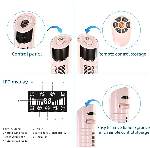 Miniatura 5 de R.W.FLAME Ventilador de torre, ventilador oscilante de 360, enfriamiento silencioso, portátil, sin aspas, ventilador de piso con control remoto, 8