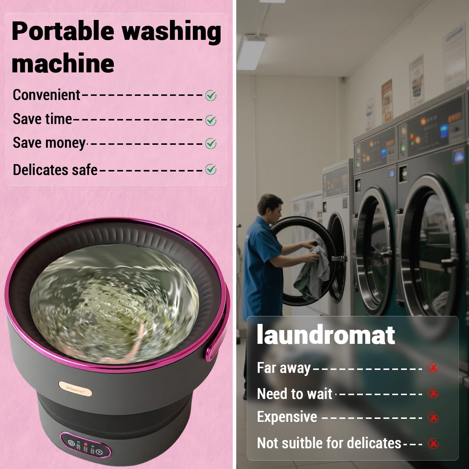 Silenziosa e Compatta - Mini Lavatrice Pieghevole 13L con Centrifuga, 3 Modalità, Portatile per Campeggio, Viaggi, Baby e Intimo - Nero Viola EU Plug