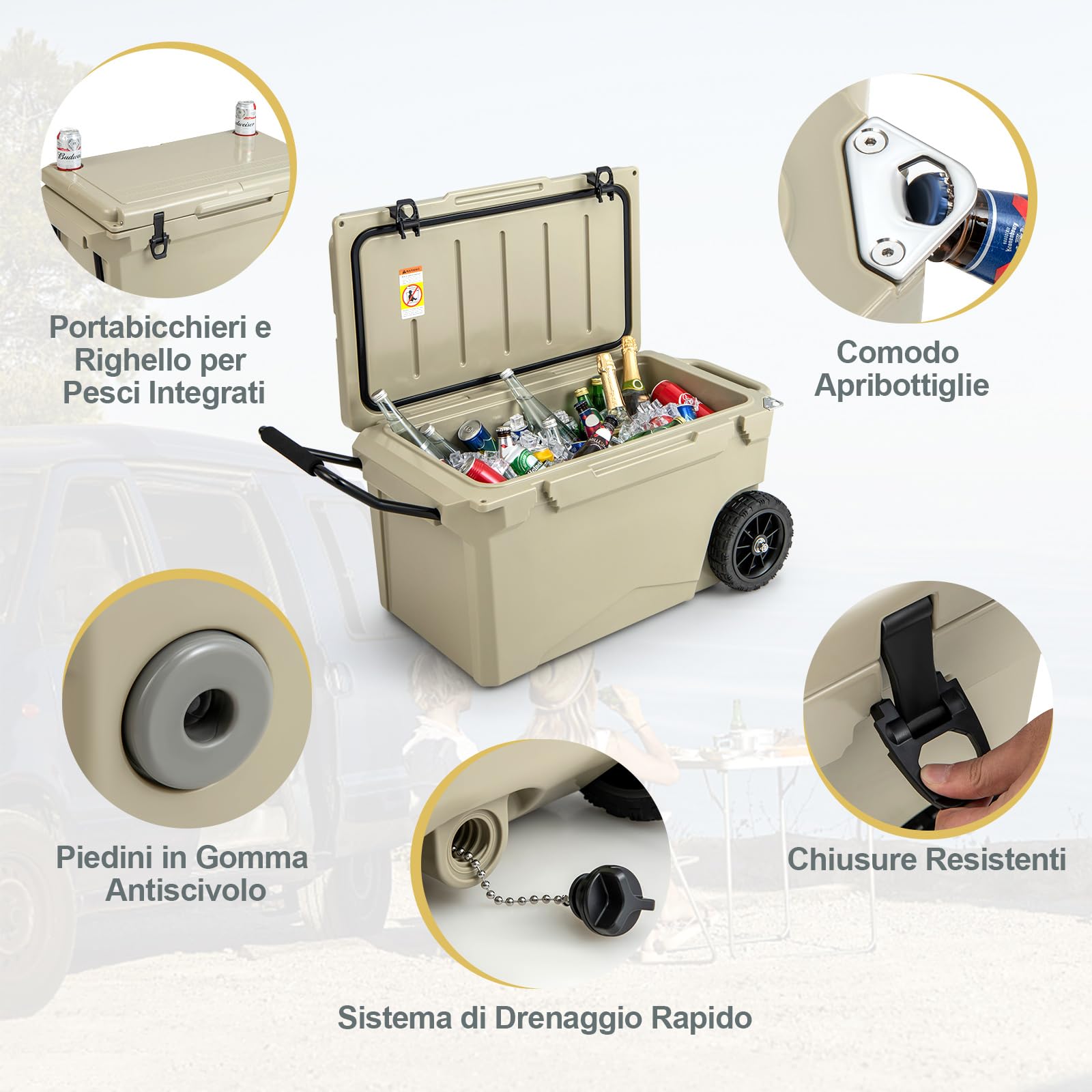 GYMAX 71L Scatola Frigo Rigida Isolata Rotomoldata, Scatola Frigo Portatile con Manico Resistente e 2 Grandi Ruote, Cassa Frigo per Esterni a Tenuta Stagna per Campeggio, Viaggi, Spiaggia (Cachi)