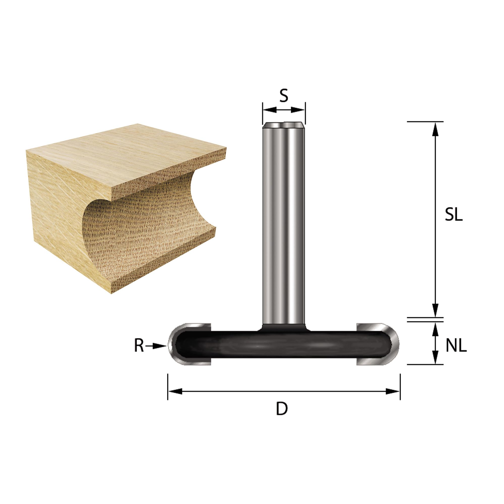 ENT 16920 Fresa a disco concava carburo, Gambo (S) 8 mm, diametro (D) 38,1 mm, NL 6,35 mm, R 3,18 mm, SL 32 mm