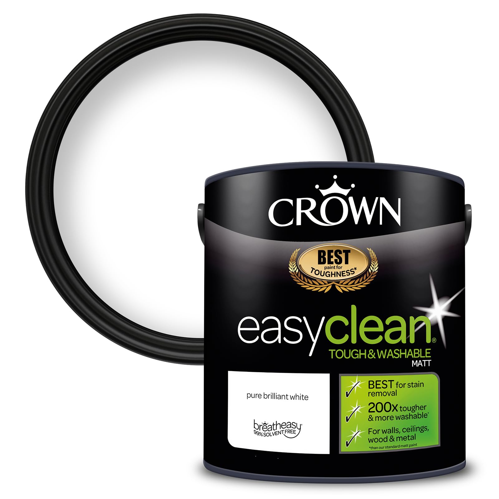 Crown Pure Brilliant White - Washable Matt Emulsion Paint for Walls and Ceilings - Stain Resistant - Brilliant White Finish - Hallway and Playroom - Water Based, Low Odour Paint - 2.5L