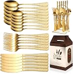 24-Piece Gold Utensil Set for 6 People, 24-Piece Mirror Stainless Steel Cutlery Set with Fine Textured Handle Including Knife/Fork/Spoon/Dessert Spoon, Cutlery Sets for Home and Restaurant