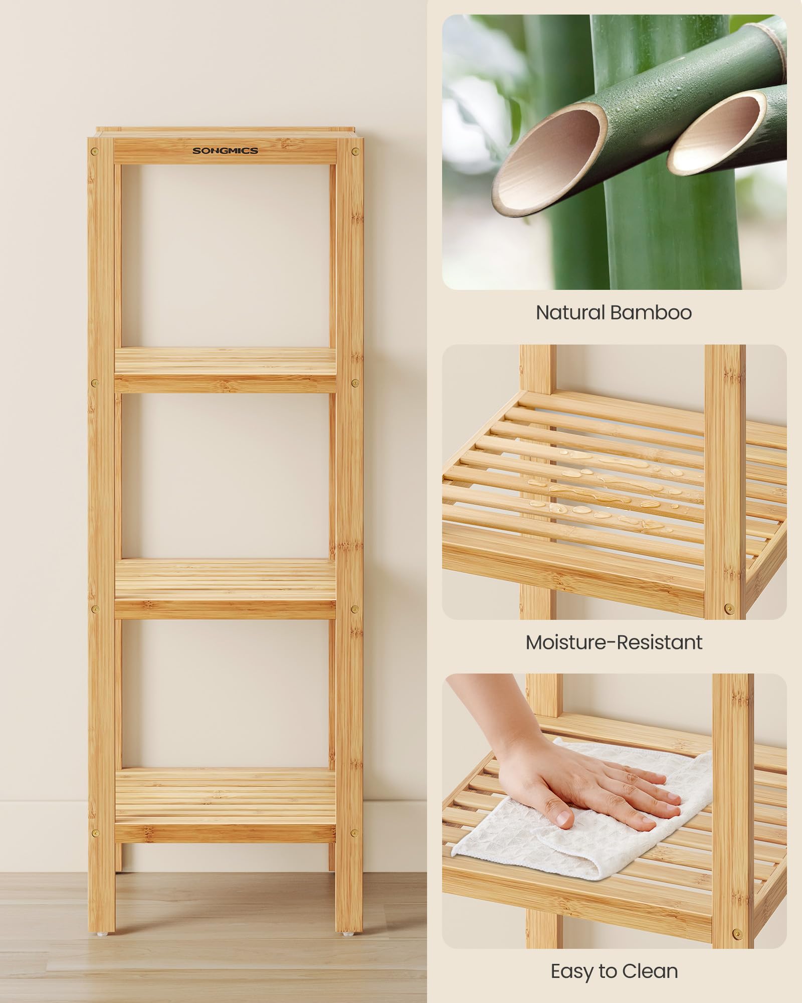 The 5 Best Bathroom Shelves for Small Bathrooms in 2026 1 SONGMICS 4-Tier Bamboo Shelf, Narrow Bathroom Shelf, Standing Towel Rack, Corner — product photo