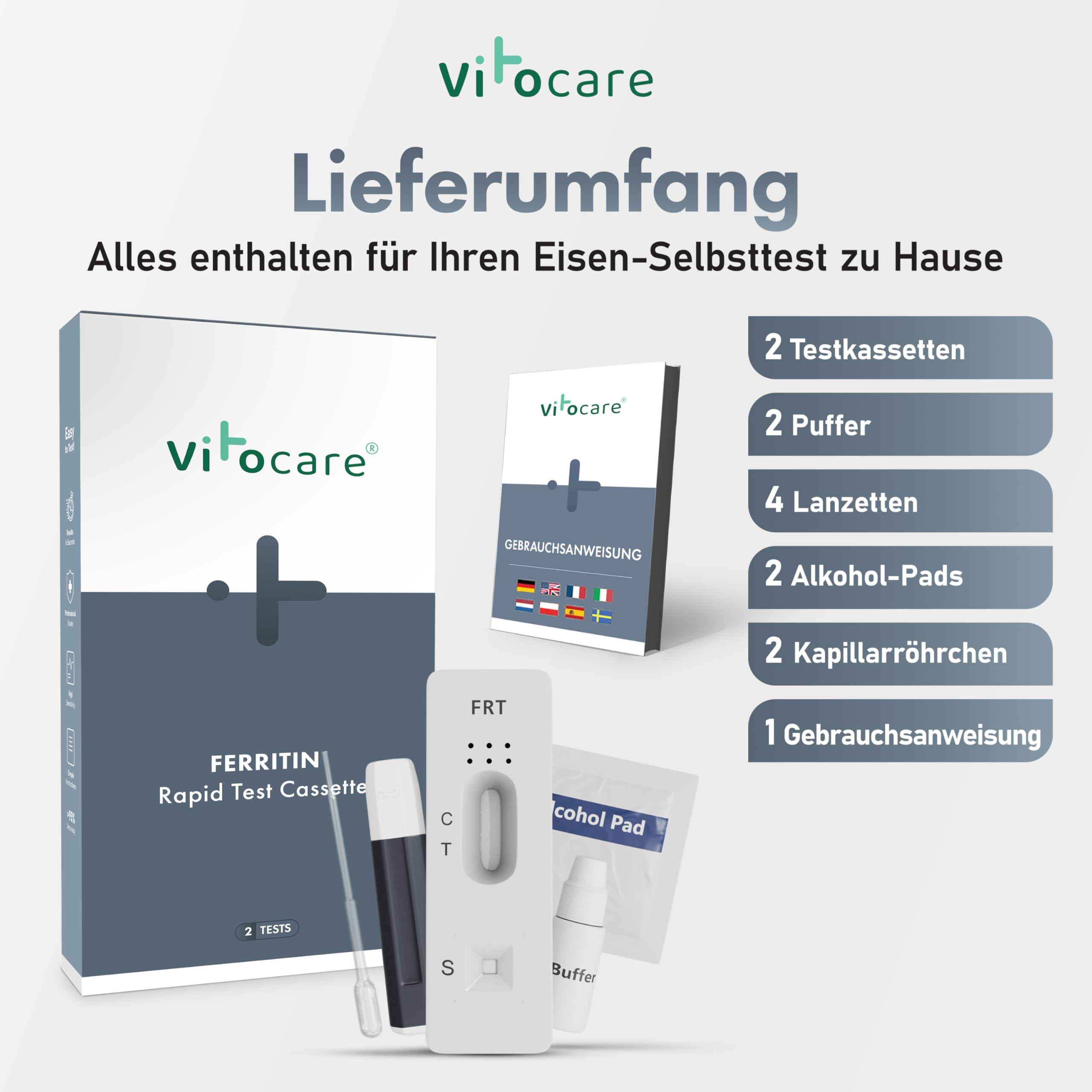 Eisenmangel Selbsttest – 2x Eisen Test für Zuhause, Ferritin Test mit 2 Anwendungen, Eisentest für Zuhause, schnelles Ergebnis, einfache Fingerblut-Anwendung, diskret zuhause - vitocare