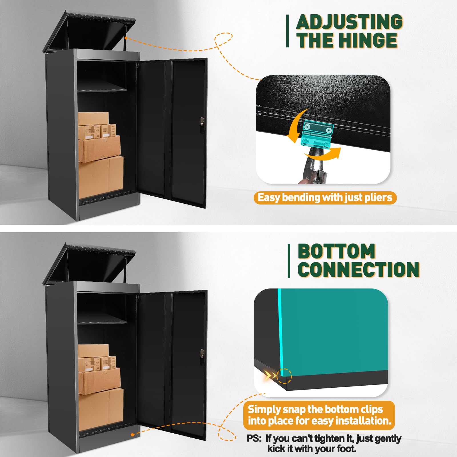 Buzón para exteriores, cajas de paquetes extragrandes con almacenamiento seguro, cajas de paquetes impermeables para exteriores, 53 cm x 42 cm x 130 cm