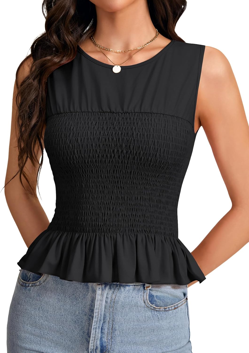 LYANER Women's Shirred Ruffle Ruched Round Neck Sleeveless Slim Fit Casual Cami Tank Top