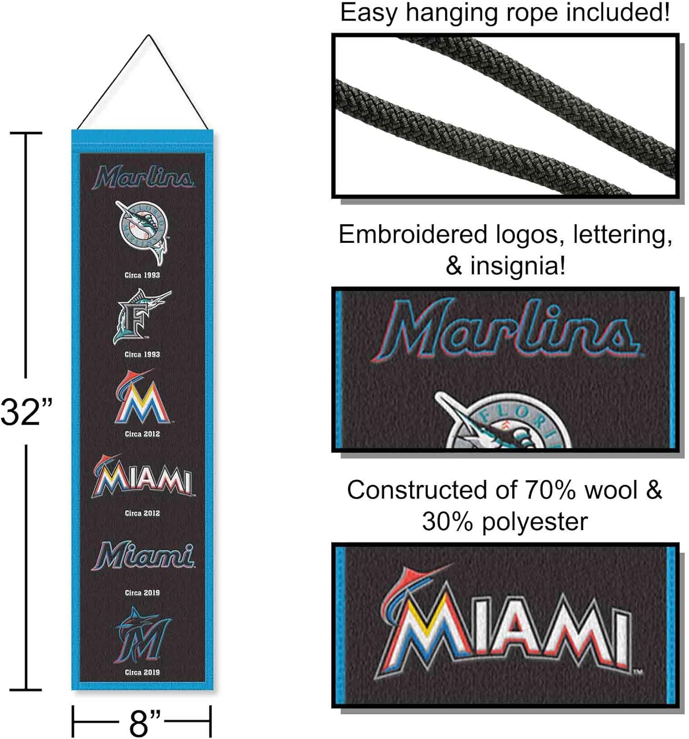 WinCraft Miami Marlins Evolution 8x32 Inch Vertical Wool Embroidered Hanging Banner