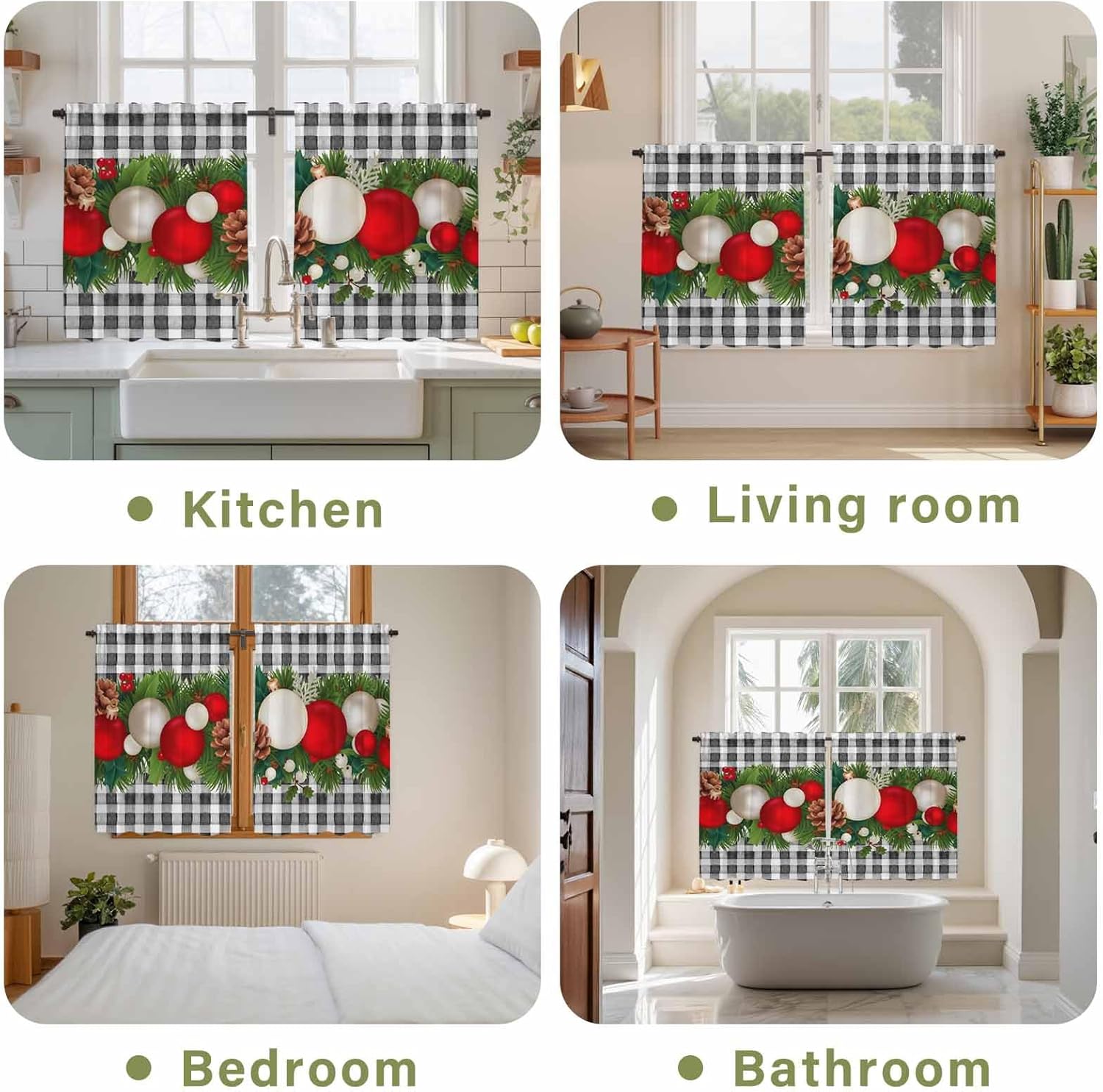 Christmas Kitchen Curtains, Red White Ball Pine Cones Needles Grey Plaid Light Filtering Window Curtain Panels, 2Pcs Rod Pocket Window Treatments Set for Cabin Bathroom Bedroom 52x45 Inches